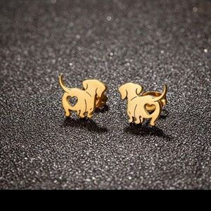 Gold Dog Silhouette Stud Earrings with Heart Cutout - Dachshund